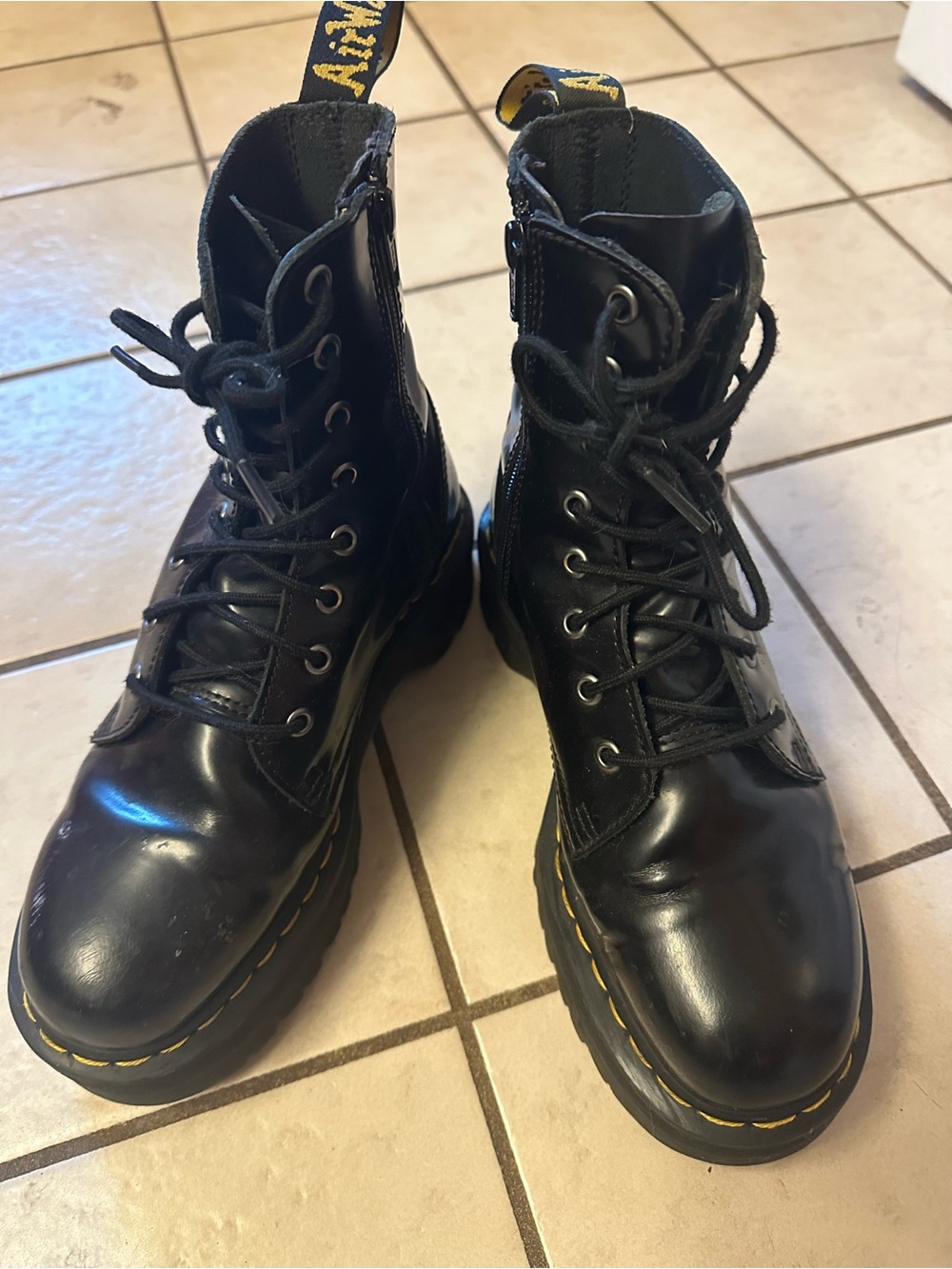 Dr. Martens Black Lace-Up Platform Boots with Yellow Stitching